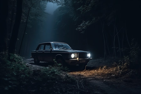 old car found in a mysterious forest at night, which can evoke a sense of intrigue, suspense, or danger. The image may suggest a scenario of an abandoned or lost vehicle, adding to the mystery and uncertainty of the situation. Generative AIの素材