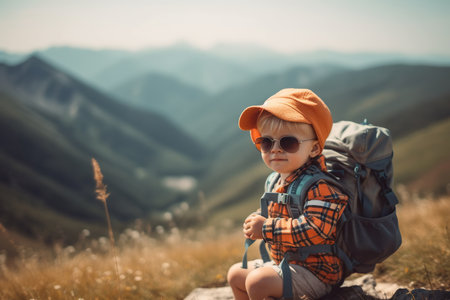 baby wearing a backpack in the mountains, which may symbolize the idea of adventure, exploration, or outdoor activities with a young child. The image may evoke a sense of wonder, joy, or nostalgia, as well as an appreciation for nature and the beauty of the wilderness. Generative AIの素材