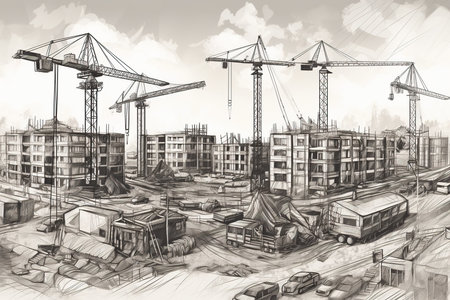 big construction site with cranes in a sketch style, which may evoke a sense of industriousness, progress, and urban development. The image may suggest a dynamic scene with towering cranes and bustling workers, showcasing the complexities and scale of modern construction projects. Generative AIの素材