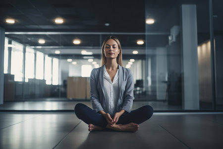 cute woman sitting in a meditation posture with closed eyes and a smile in a modern office, which may evoke a sense of mindfulness, relaxation, and work-life balance. The image may suggest the growing trend of incorporating meditation practices in the workplace for stress reduction, mental clarity, and overall well-being. Generative AIの素材