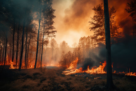 The forest is ablaze as trees burn and smoke billows into the sky. The fire rages on, threatening to consume the entire woodland. AI Generativeの素材
