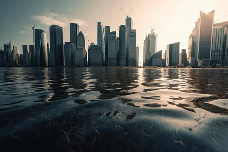Global warming is causing the earth's temperature to rise, resulting in the melting of polar ice caps and the subsequent rise of sea levels. As a result, skyscrapers that once stood tall on land are now partially or fully submerged underwater, a stark reminder of the ongoing impact of climate change. Generative AIの素材