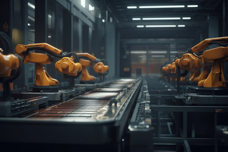In a large modern and smart factory with robots, machine parts move seamlessly along a conveyor belt in a highly automated and efficient process. The use of robots and advanced technology not only increases production speed but also ensures precision and accuracy in the manufacturing process. Generative AIの素材