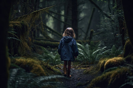 little girl walking In the dark mystery forest, back view. seemingly lost and alone in the shadowy woods. The eerie and mysterious atmosphere of the forest creates a sense of danger and uncertainty, leaving the viewer with a feeling of suspense and concern for the girls's well-being. Generative AIの素材
