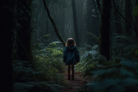 little girl walking In the dark mystery forest, back view. seemingly lost and alone in the shadowy woods. The eerie and mysterious atmosphere of the forest creates a sense of danger and uncertainty, leaving the viewer with a feeling of suspense and concern for the girls's well-being. Generative AIの素材