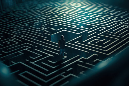 A man is depicted in a labyrinth, looking for a way out, representing the challenge of finding the right solutions in life. The figure's determination to navigate the maze and reach the end signifies the importance of perseverance and problem-solving skills in overcoming life's obstacles. Generative AIの素材