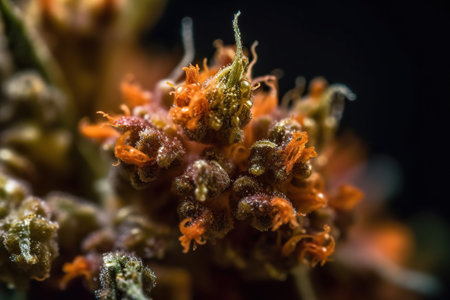 Extreme macro photo showcases the intricate details of marijuana flowers, highlighting the beauty and complexity of this natural plant. The up-close view provides a deeper appreciation for the unique characteristics of the cannabis plant and the diversity of its strains. generative AIの素材