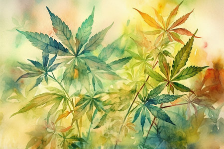 A watercolor-style background of marijuana leaves adds an artistic and creative element to the familiar shape and texture of the plant. The subtle blending of colors and flowing lines create a calming and soothing atmosphere, invoking a sense of relaxation and enjoyment. Generative AIの素材