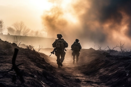 Military special forces soldiers are depicted crossing through a destroyed warzone amid fire and smoke, showcasing their bravery and resilience in the face of danger. The image evokes a sense of chaos and destruction, while also highlighting the courage and determination of these highly trained soldiers. Generative AIの素材