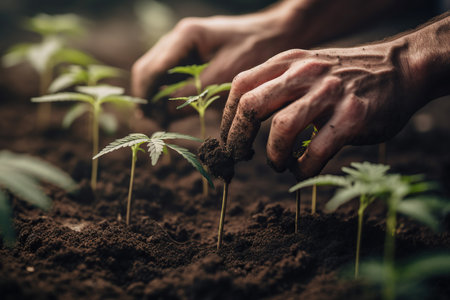 close-up shot of human hands planting cannabis plants, highlighting the hands-on work required in the cultivation of this plant. The image evokes a sense of care and attention to detail, as well as the personal touch required in the cultivation process. Generative AIの素材