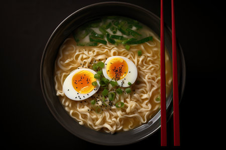 Ramen soup is a traditional Japanese dish consisting of noodles served in a flavorful broth, typically made with soy sauce or miso paste. It is often topped with meat or vegetables and garnished with various seasonings such as nori or sesame seeds. Generative AIの素材