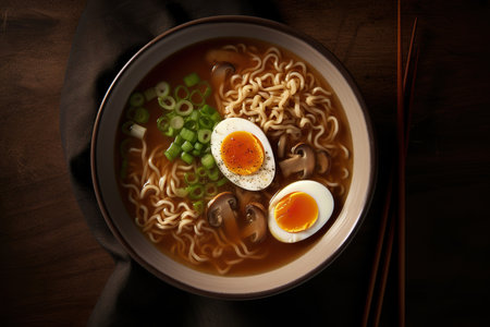 Ramen soup is a traditional Japanese dish consisting of noodles served in a flavorful broth, typically made with soy sauce or miso paste. It is often topped with meat or vegetables and garnished with various seasonings such as nori or sesame seeds. Generative AIの素材
