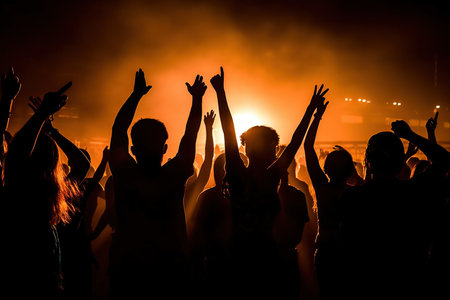 silhouette of people with hands up at a concert or music festival illuminated by vibrant neon lights, conveying the excitement and energy of live music events. The image captures the enthusiasm of the crowd and the electrifying atmosphere of a live performance. Generative AIの素材