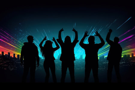 Illustration of silhouette of people with hands up at a concert or music festival illuminated by vibrant neon lights, conveying the excitement and energy of live music events. The image captures the enthusiasm of the crowd and the electrifying atmosphere of a live performance. Generative AIの素材