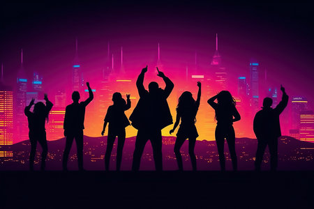Illustration of silhouette of people with hands up at a concert or music festival illuminated by vibrant neon lights, conveying the excitement and energy of live music events. The image captures the enthusiasm of the crowd and the electrifying atmosphere of a live performance. Generative AIの素材