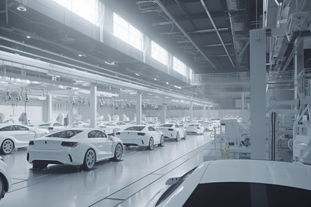 white large modern and smart factory that is focused on electric cars manufacturing using robots and drones for maximum efficiency in the future. AI Generativeの素材