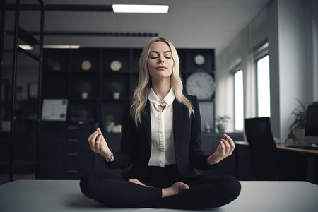 cute woman sitting in a meditation posture with closed eyes and a smile in a modern office, which may evoke a sense of mindfulness, relaxation, and work-life balance. The image may suggest the growing trend of incorporating meditation practices in the workplace for stress reduction, mental clarity, and overall well-being. Generative AIの素材