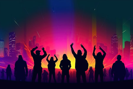 Illustration of silhouette of people with hands up at a concert or music festival illuminated by vibrant neon lights, conveying the excitement and energy of live music events. The image captures the enthusiasm of the crowd and the electrifying atmosphere of a live performance. Generative AIの素材