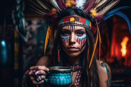 Indian shaman woman adorned with colorful feathers, who appears to be deeply inspired and engaged in an ayahuasca ceremony. The psychedelic and mystical nature of the ceremony is conveyed through the use of vibrant colors and magical style, suggesting the presence of spiritual revelations and wonder. Generative AIの素材