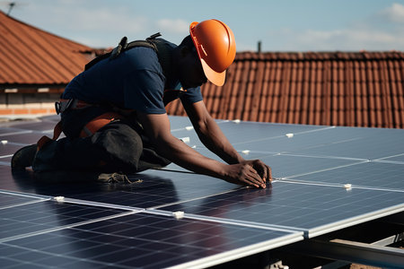 worker as they install a solar panel on the rooftop of a house, highlighting the growing trend of solar energy and sustainable practices. The installation process showcases the importance of renewable energy sources in reducing our reliance on fossil fuels and addressing climate change. Generative AIの素材