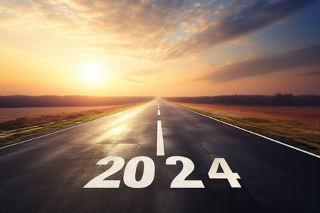 empty road asphalt with the numbers 2024 superimposed on it, symbolizing a journey towards new goals in the coming year. The sunset in the background adds to the imagery of a new beginning, suggesting a sense of hope and anticipation for what lies ahead. Generative AIの素材
