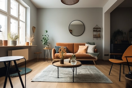 interior of a small apartment living room, showcasing the effective use of home staging techniques in real estate rental properties. The photo emphasizes the potential of a small space to create a functional and aesthetically pleasing living area that meets the needs of prospective tenants. Generative AIの素材