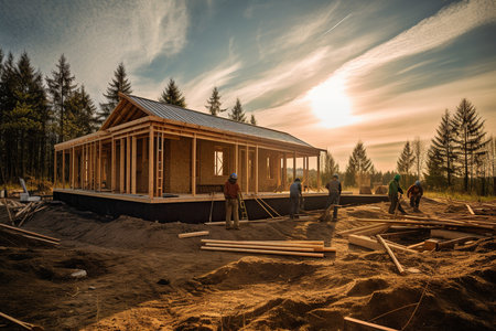 group of workers building a modern cottage, showcasing the construction process and the use of modern building materials and techniques. The photo emphasizes the importance of teamwork and specialized skills in the construction industry, and highlights the potential of modern building practices to create innovative and sustainable living spaces. Generative AIの素材