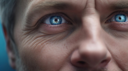45-year-old man with blue eyes and a nose visible in close-up. AI Generativeの素材