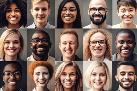 A composite portrait image is created by a collage of a large group of smiling people, showcasing the diversity of the individuals and their expressions of happiness. The image captures a sense of unity and positive energy, reflecting the beauty of human connection. Generative AIの素材