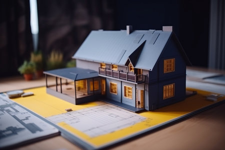 A close-up shot shows a mock-up of a future villa made of wood and paper on a construction drawing, highlighting the architectural design and attention to detail of the project. The image captures the creativity and innovation in the planning process of the construction, giving a glimpse into the vision for the future structure. Generative AIの素材