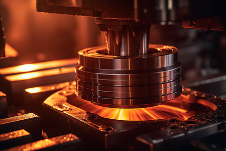 modern manufacturing processes up close, as the glowing metal parts convey a sense of precision and power. Witness the fusion of art and technology in action, as skilled craftsmen use their expertise to create masterful works of engineering. Generative AIの素材