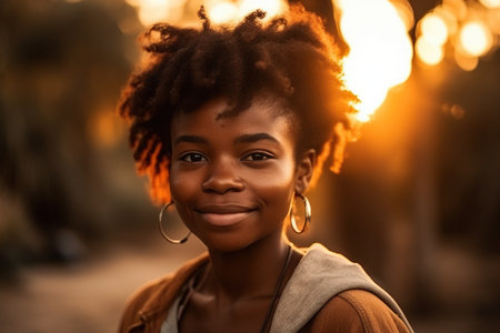 portrait of an African American woman captured during a beautiful sunset. Her striking features are highlighted in the warm light of the setting sun, creating a powerful and captivating image. Generative AIの素材