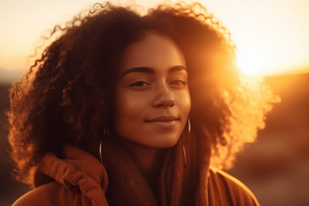 portrait of an African American woman captured during a beautiful sunset. Her striking features are highlighted in the warm light of the setting sun, creating a powerful and captivating image. Generative AIの素材