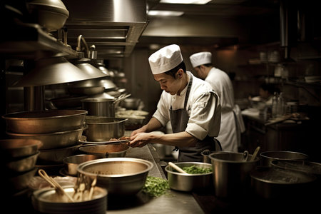 In the hustle and bustle of a busy restaurant kitchen, a chef deftly works their magic, the sights and smells of the culinary creations filling the air. With selective focus on the chef, the viewer is drawn into the intensity and precision required for culinary excellence in a fast-paced environment. Generative AIの素材