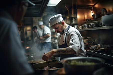 In the hustle and bustle of a busy restaurant kitchen, a chef deftly works their magic, the sights and smells of the culinary creations filling the air. With selective focus on the chef, the viewer is drawn into the intensity and precision required for culinary excellence in a fast-paced environment. Generative AIの素材