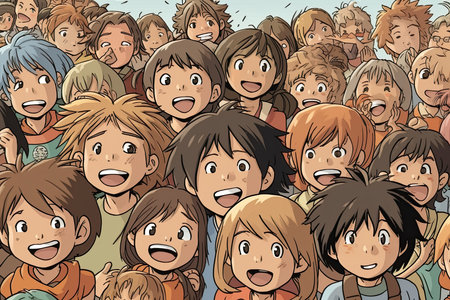 A sea of smiling children stretches as far as the eye can see, their joyful expressions filling the frame in true Miyazaki style. The abundance of innocent energy and positivity emanating from the crowd creates a heartwarming scene of pure happiness and delight. Generative AIの素材