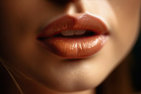 In an extreme macro close-up view, a woman's lips fill the frame, revealing intricate details and textures. The curves and contours of the lips, captured in stunning detail, create a striking and sensual image. Generative AIの素材