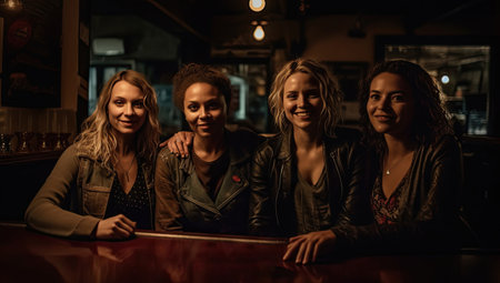 Four women are captured smiling in a bar, creating a relaxed and friendly atmosphere. The image captures the natural beauty of the women, and their genuine smiles convey a sense of happiness and positivity. Generative AIの素材
