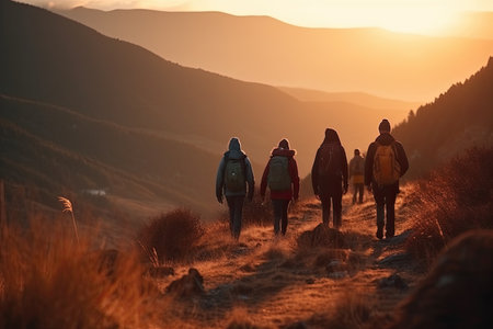 A group of sporty hikers are captured walking through a mountainous landscape at sunset with their backpacks. The image captures the sense of adventure and exploration that comes with hiking, as well as the beauty of nature at golden hour. Generative AIの素材