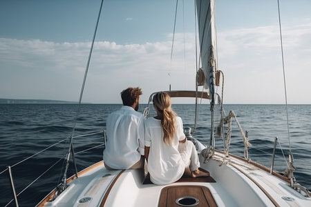 A happy couple dressed in white are standing on the deck of a luxurious yacht that's sailing on the ocean. The image exudes relaxation, luxury, and romance, as the couple enjoys the stunning scenery and each other's company. Generative AIの素材