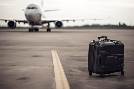 A lost suitcase is shown lying on the runway with a departing airliner visible in the background, suggesting that the luggage did not make it onto the flight. AI Generativeの素材