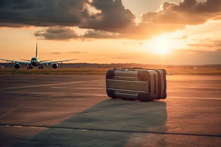 A lost suitcase is shown lying on the runway with a departing airliner visible in the background, suggesting that the luggage did not make it onto the flight. AI Generativeの素材