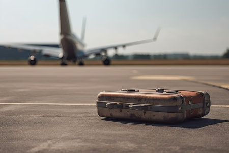 A lost suitcase is shown lying on the runway with a departing airliner visible in the background, suggesting that the luggage did not make it onto the flight. AI Generativeの素材