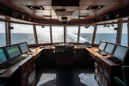 From the captain's cabin, a stunning view of a massive container ship sailing on the sea with rows of colorful containers neatly stacked on the deck. AI Generativeの素材