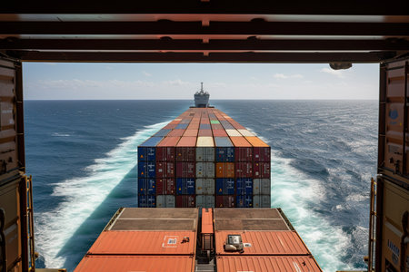 The deck of a massive container ship is shown, with rows of stacked containers towering overhead, as the vessel plows through the open ocean. The view offers a glimpse into the complex world of international shipping and trade. Generative AIの素材