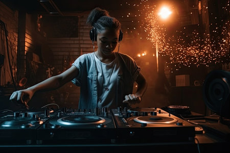A DJ woman playing music at a nightclub is a dynamic and energetic image that captures the vibrant and lively atmosphere of nightlife. The combination of the music, lights, and energy of the crowd creates an electric experience that can be both thrilling and exhilarating. Generative AIの素材