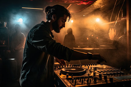 A DJ playing music at a nightclub is a dynamic and energetic image that captures the vibrant and lively atmosphere of nightlife. The combination of the music, lights, and energy of the crowd creates an electric experience that can be both thrilling and exhilarating. Generative AIの素材