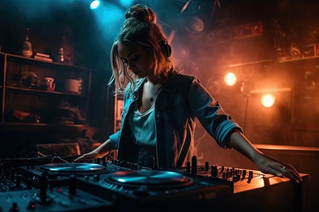 A DJ woman playing music at a nightclub is a dynamic and energetic image that captures the vibrant and lively atmosphere of nightlife. The combination of the music, lights, and energy of the crowd creates an electric experience that can be both thrilling and exhilarating. Generative AIの素材