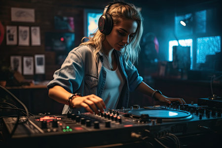 A DJ woman playing music at a nightclub is a dynamic and energetic image that captures the vibrant and lively atmosphere of nightlife. The combination of the music, lights, and energy of the crowd creates an electric experience that can be both thrilling and exhilarating. Generative AIの素材