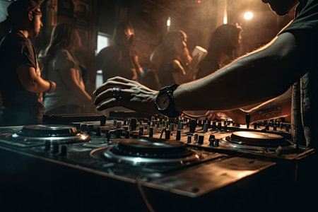 The close-up shots of the DJ's hands and fingers manipulating vinyl records and equipment, combined with the club's lighting effects, create an immersive experience for the audience. AI Generativeの素材